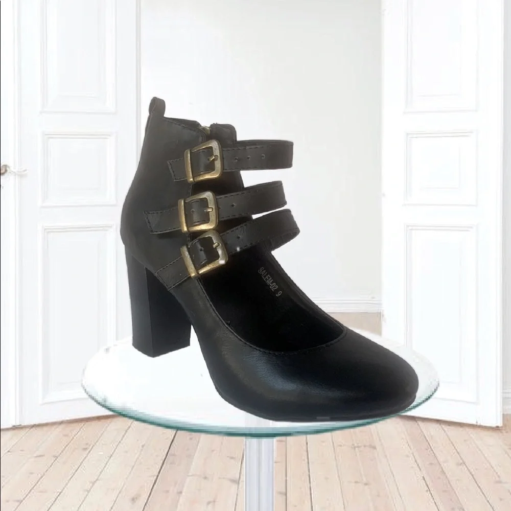 Vintage Style Buckle Strap Stack Heel Zipper Black Ankle Boot Shoes Women's - Picture 1 of 10